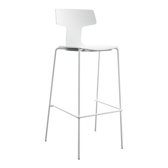 Modern white bar stool with a minimalist design and sleek metal legs. Perfect for contemporary spaces.