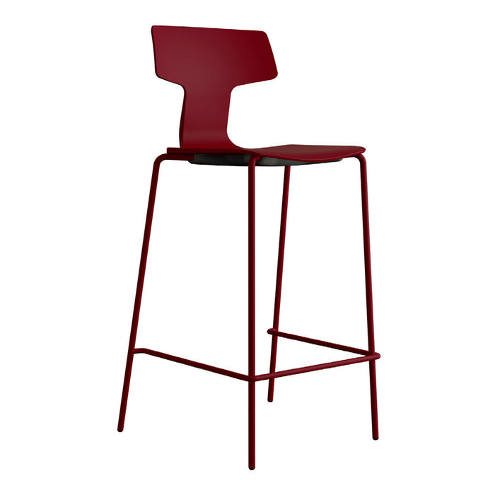 Red metal bar stool with a minimalist design and a sleek black seat. Perfect for modern interiors.