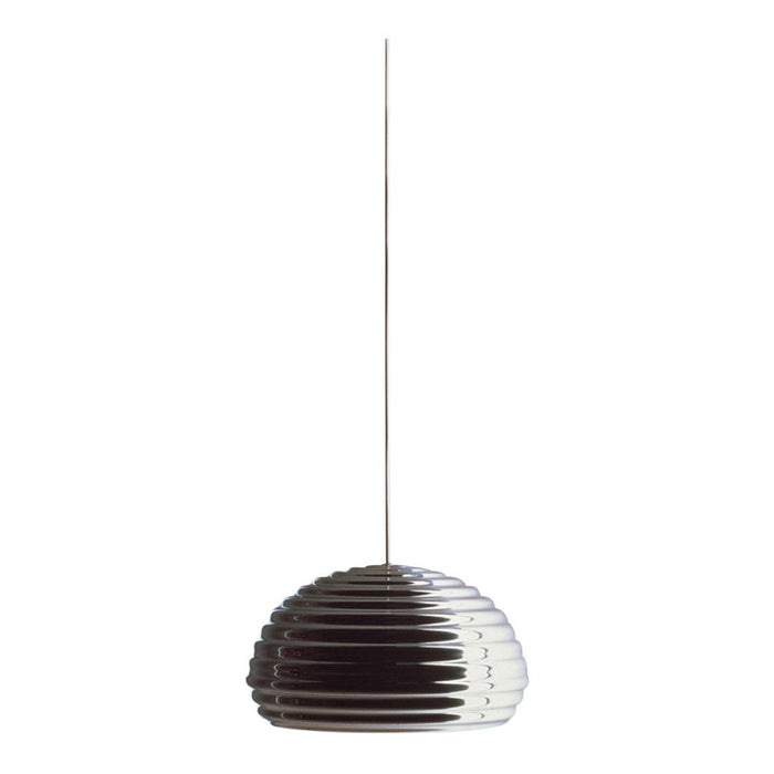Sleek silver pendant lamp with a ribbed pattern, perfect for modern home decor.
