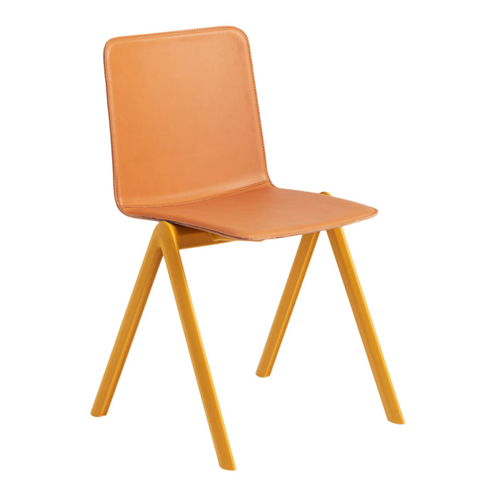 Orange chair with a smooth surface and yellow legs, featuring a minimalist design and clean lines.