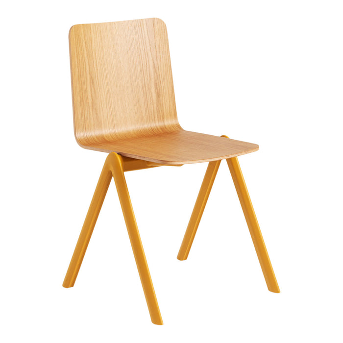 Natural wood finish chair with vibrant yellow legs, featuring a minimalist design and smooth, sleek patterns.