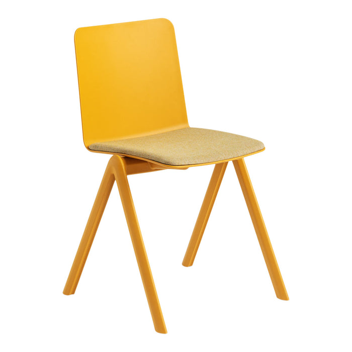 Bright yellow chair with a smooth backrest and a soft beige seat cushion, featuring minimalist design.