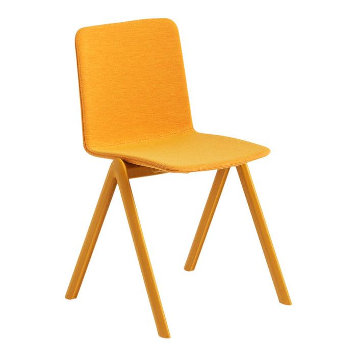 Bright yellow chair with a sleek design and smooth fabric upholstery on a minimalist wooden frame.