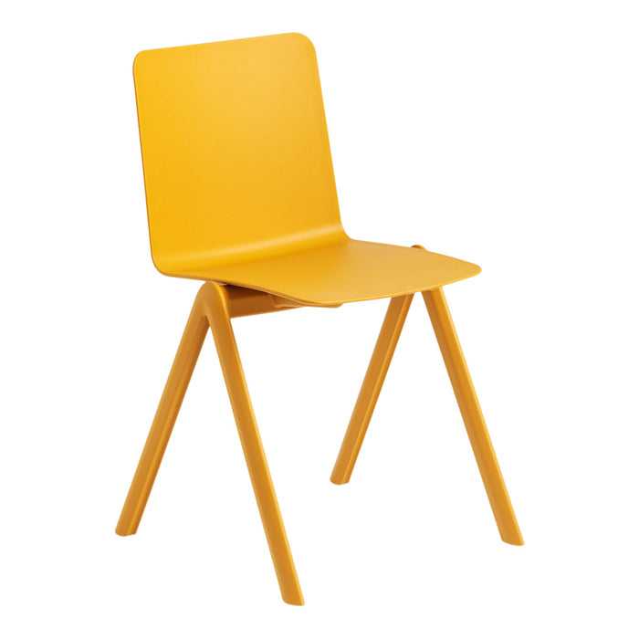 Bright yellow chair with a sleek, minimalist design and sturdy wooden legs. Ideal for modern home decor.