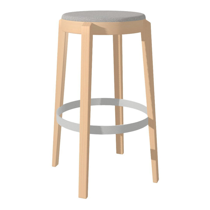 Light wood barstool with a round gray seat and a sleek silver footrest, featuring a minimalist design.