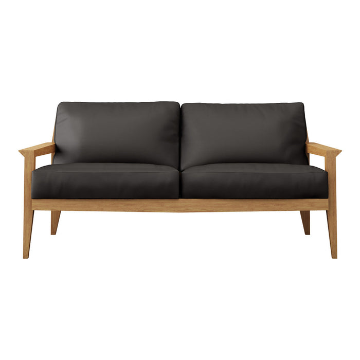 Modern two-seater sofa in sleek black upholstery with light wooden arms and legs, featuring a minimalist design.
