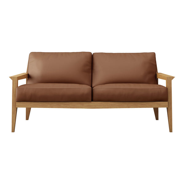 Brown leather loveseat with light wood frame, featuring a classic, minimalist design. Perfect for modern decor.