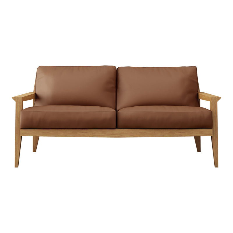 Brown leather loveseat with light wood frame, featuring a classic, minimalist design. Perfect for modern decor.