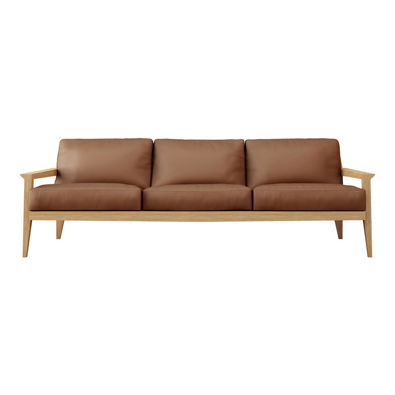 Brown leather sofa with a sleek wooden frame, featuring a minimalist design and solid colors. Perfect for modern decor.