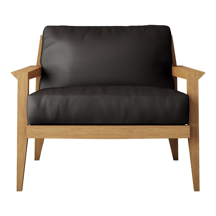 Black leather armchair with light wood frame and minimalist design, perfect for modern decor.