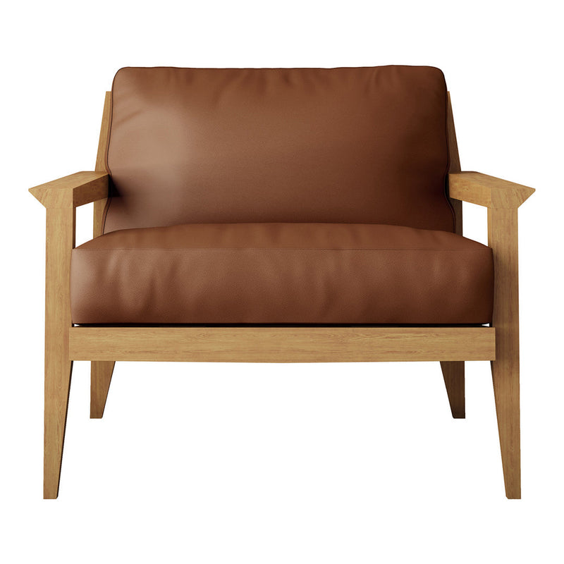 Brown leather armchair with a light wooden frame and minimalistic design. Classic, modern color palette.