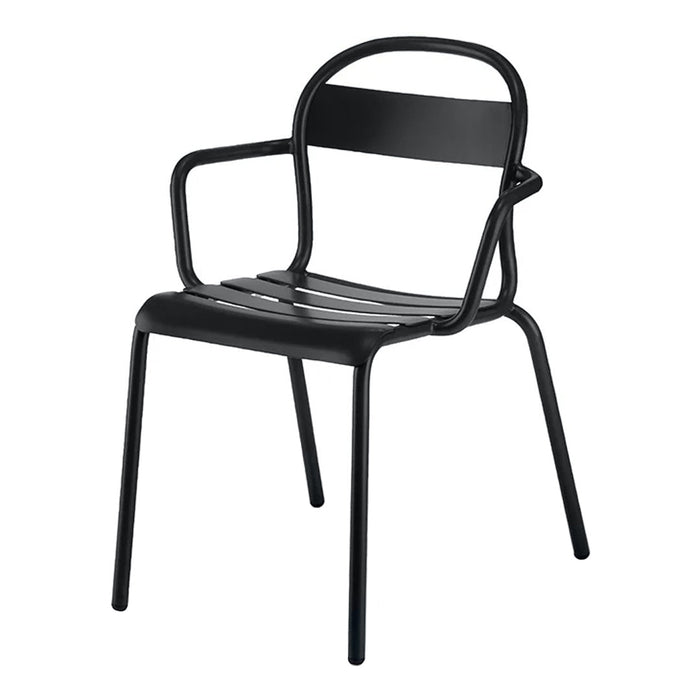 Black metal chair with a sleek and minimalist design featuring horizontal slats and curved armrests.