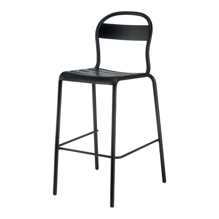 Black metal bar stool with sleek lines and minimalist design, featuring a slatted seat and backrest.