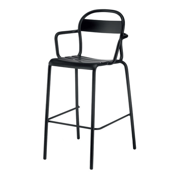 Black metal bar stool with a sleek design and minimalistic slatted patterns. Perfect for modern spaces.