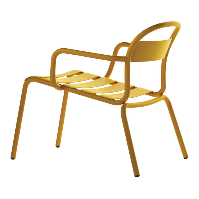 Bright yellow chair with a sleek design and horizontal slat pattern, perfect for modern outdoor or indoor spaces.