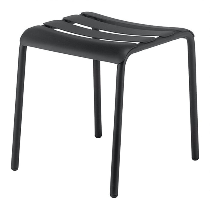Black minimalist stool with a slatted seat design, perfect for modern decor and versatile use.