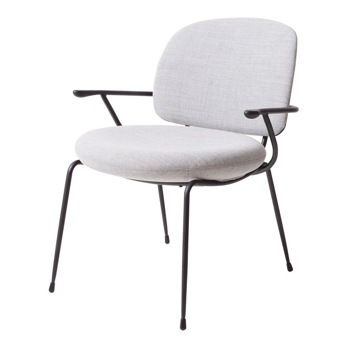 Light gray upholstered chair with minimalist black metal arms and legs, featuring a clean, modern design.