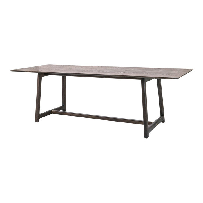 Rectangular wood dining table with a rich brown finish and minimalist design, featuring smooth, clean lines.