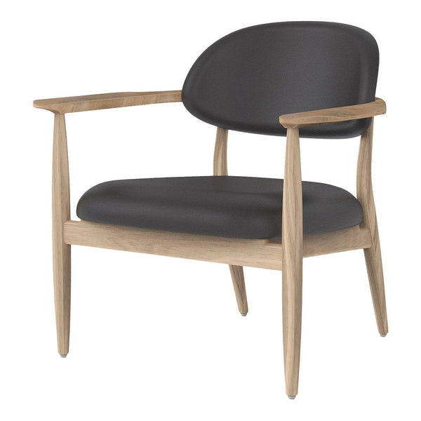 Black upholstered chair with light wooden legs; modern design featuring smooth, clean lines and a minimalist aesthetic.