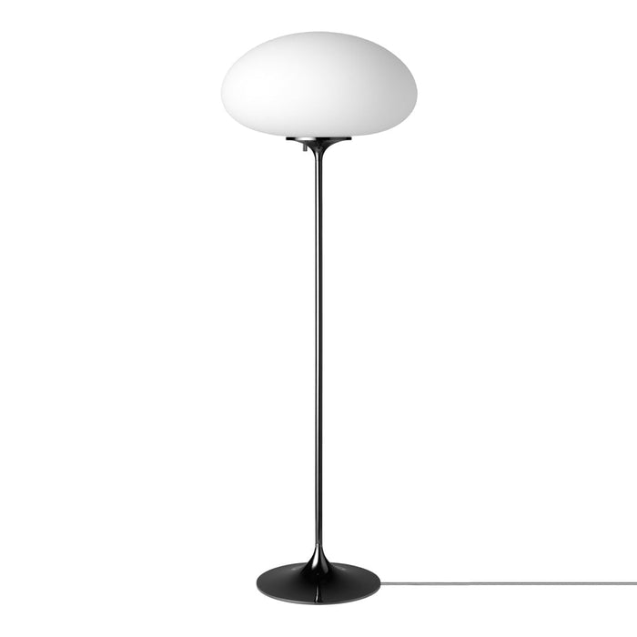Sleek black floor lamp with a glossy white dome shade, minimalistic design perfect for modern decor.