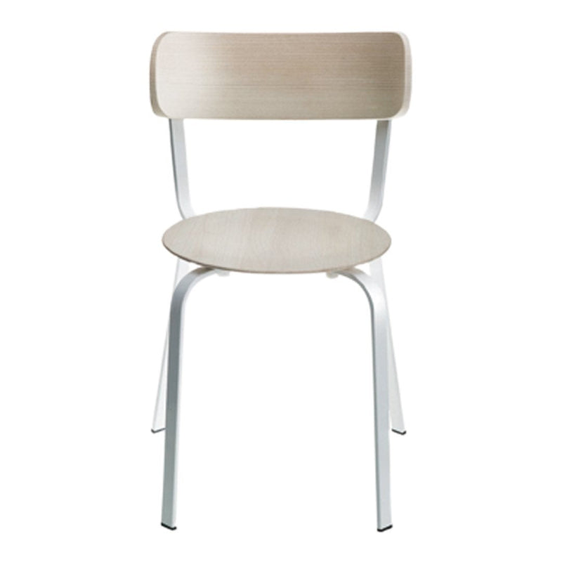 Light wood chair with a smooth finish and sleek chrome legs, showcasing a minimalist design without patterns.