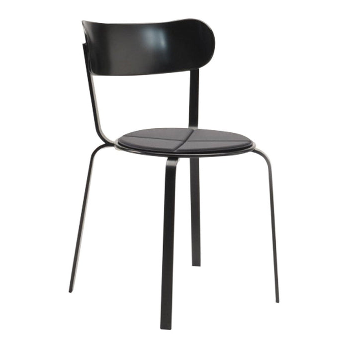 Black metal chair with a sleek, minimalist design and smooth surface, featuring a curved backrest and round seat.