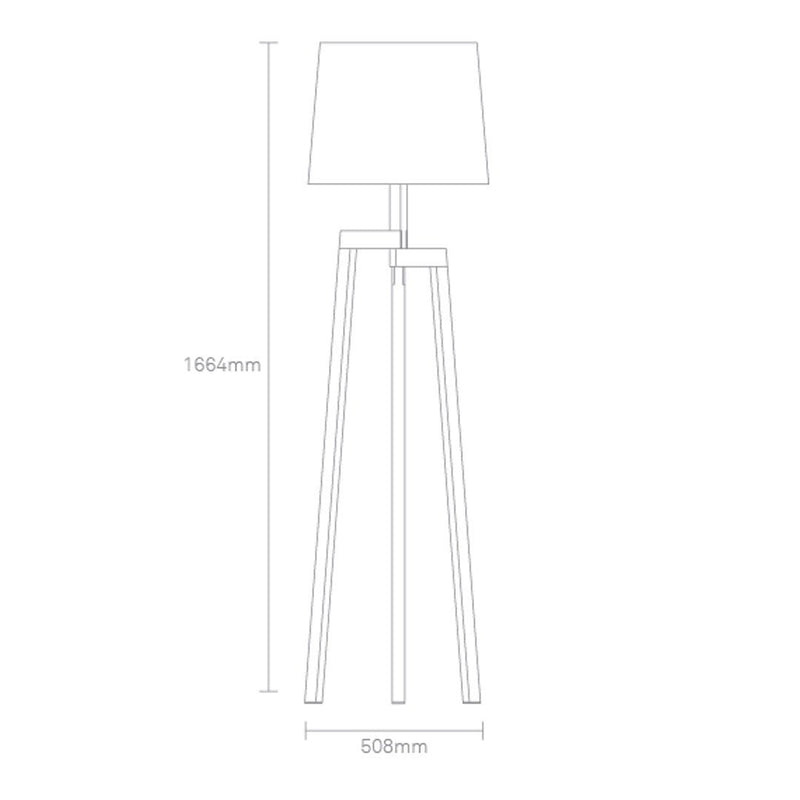 Simple wooden tripod lamp with a white shade, featuring clean lines and a modern neutral palette.