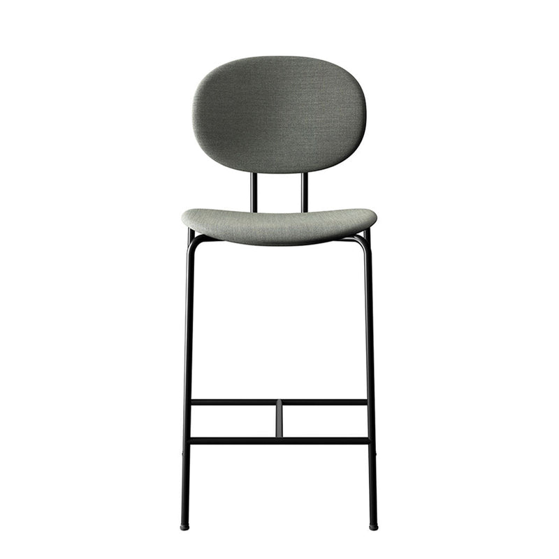 Gray upholstered bar stool with a sleek black metal frame and minimalist design. Ideal for modern decor.