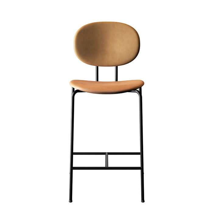 Tan upholstered stool with a sleek black metal frame, featuring a minimalist design and smooth, rounded shapes.