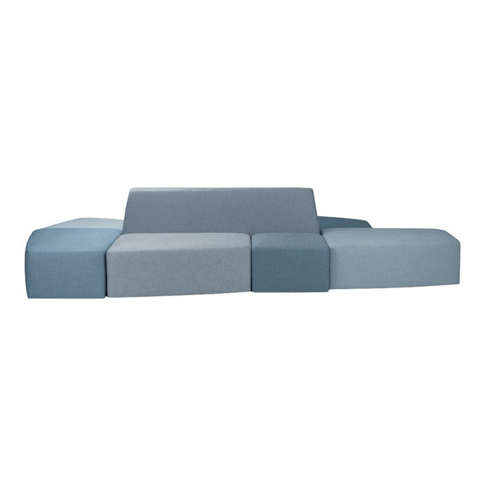 Modern sofa in various shades of blue with a sleek, minimalist design and geometric patterns. Ideal for contemporary decor.