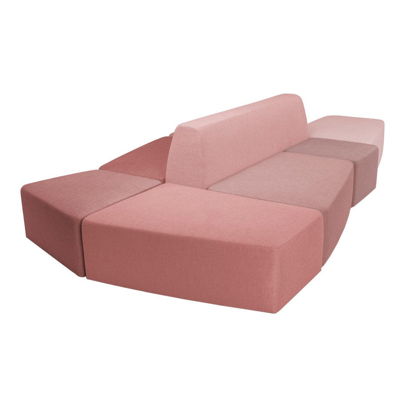 Modern modular sofa in gradient shades of blush pink and soft rose, featuring a sleek, minimalist design.