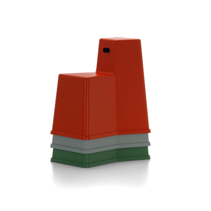 Colorful stacking storage containers in bright orange, gray, and green hues with smooth, modern design.