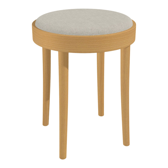 Round stool with a light beige upholstered seat and natural wood legs, showcasing a simple and modern design.