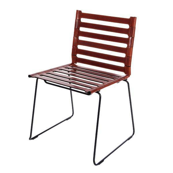 Brown slatted wooden chair with a sleek black metal frame, perfect for modern decor.