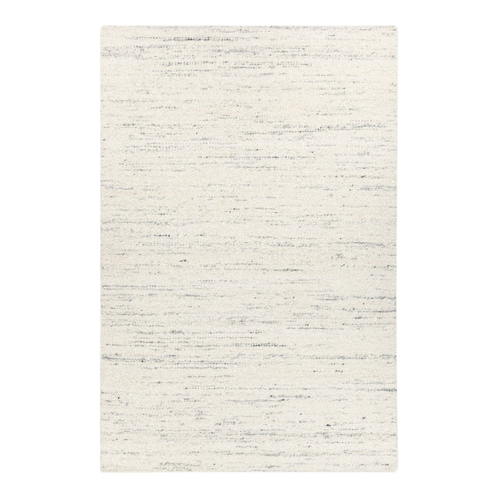 Textured cream rug with subtle gray and light blue streaks, creating a contemporary, neutral pattern.