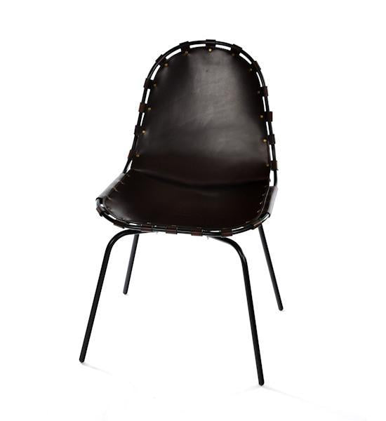Brown faux leather chair with contrasting stitched accents and sleek black metal legs. Modern and minimalist design.