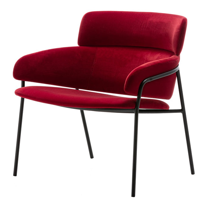 Velvet red chair with a sleek black metal frame and minimalistic design, perfect for modern decor.