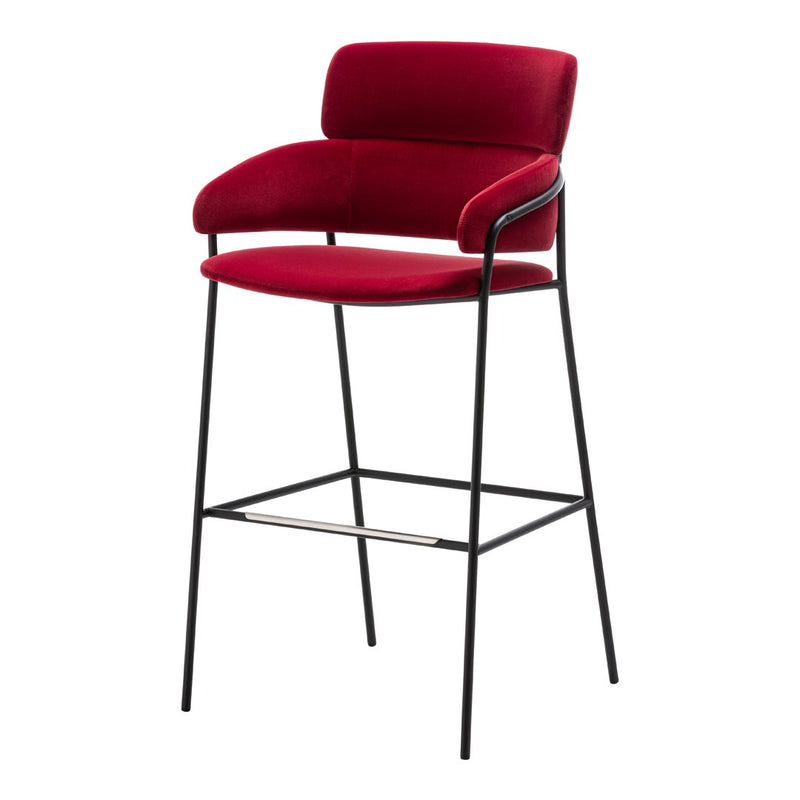 Red velvet bar stool with a sleek black metal frame, featuring smooth curves for a modern touch.