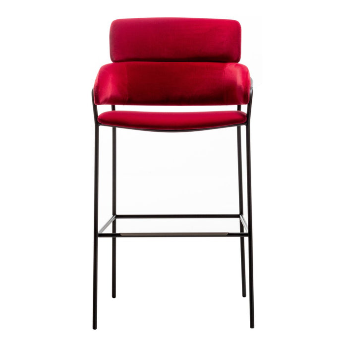 "Vibrant red upholstered bar stool with a sleek black metal frame."