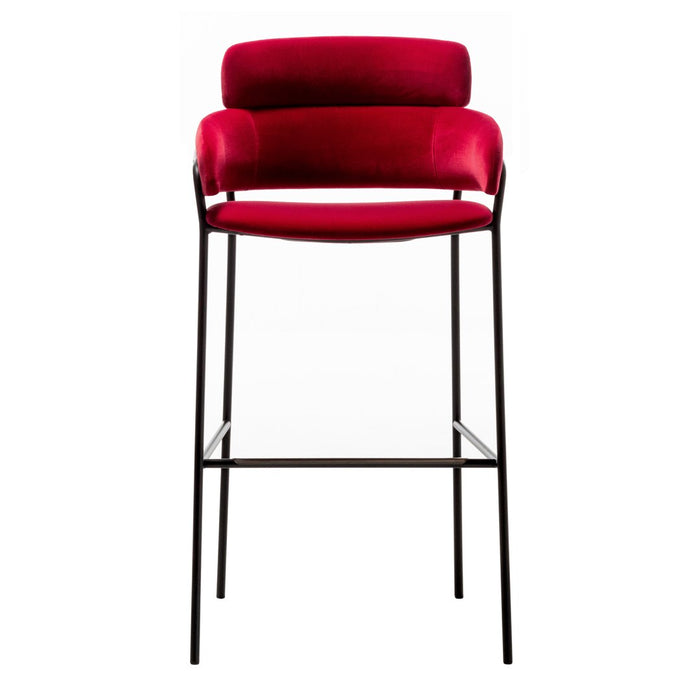 Red velvet barstool with sleek black metal legs, featuring a modern minimalist design.