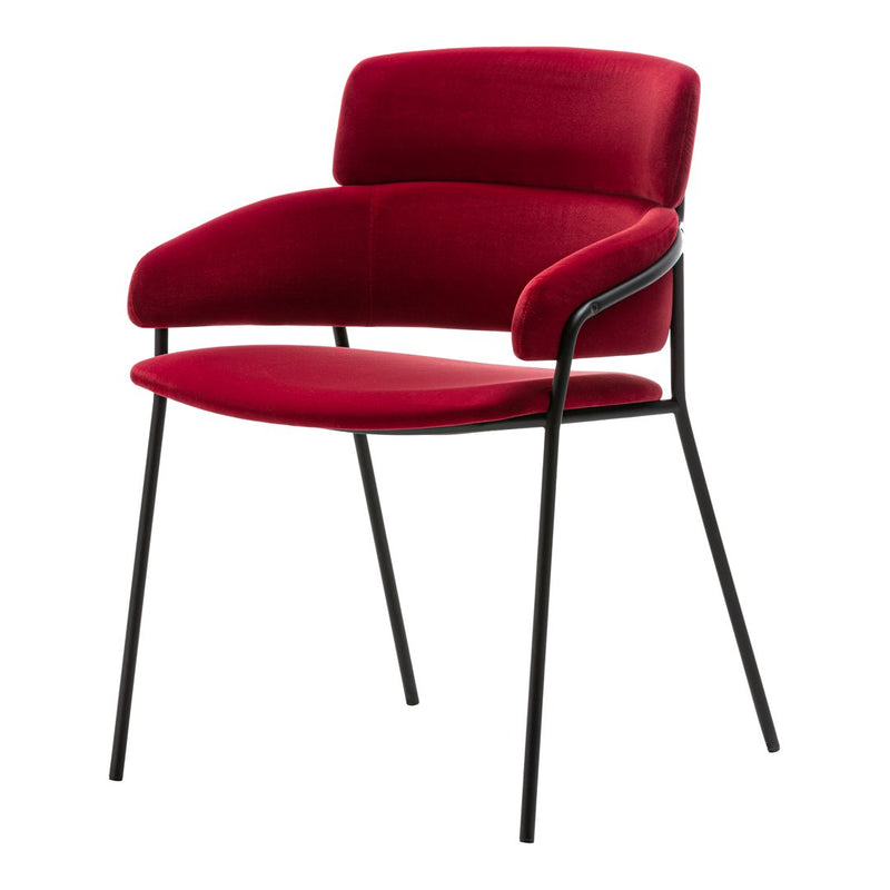 Red velvet chair with sleek black metal legs and modern design. Ideal for adding a pop of color to any space.