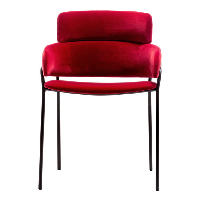 Red velvet chair with a sleek black metal frame and a modern, minimalist design. Perfect for any stylish space.