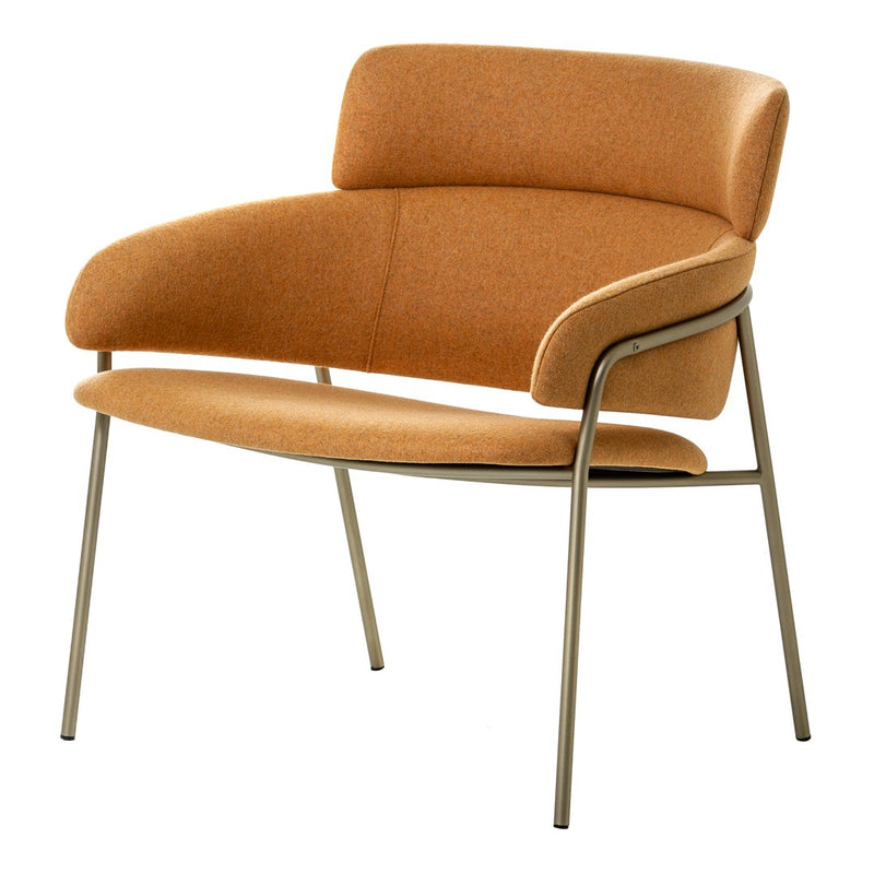 Stylish chair in warm orange upholstery with smooth, minimalist lines and sleek metal legs. Perfect for modern decor.
