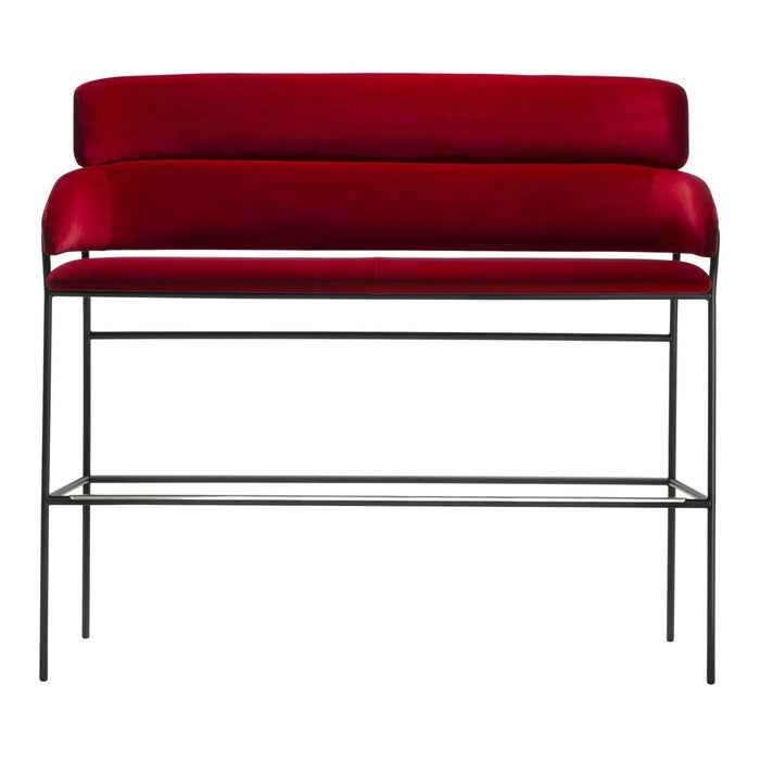 Red velvet upholstery on a sleek black metal frame, featuring a modern minimalist design.