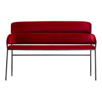 Red velvet two-seater sofa with sleek black metal legs and a simple modern design. Ideal for contemporary decor.