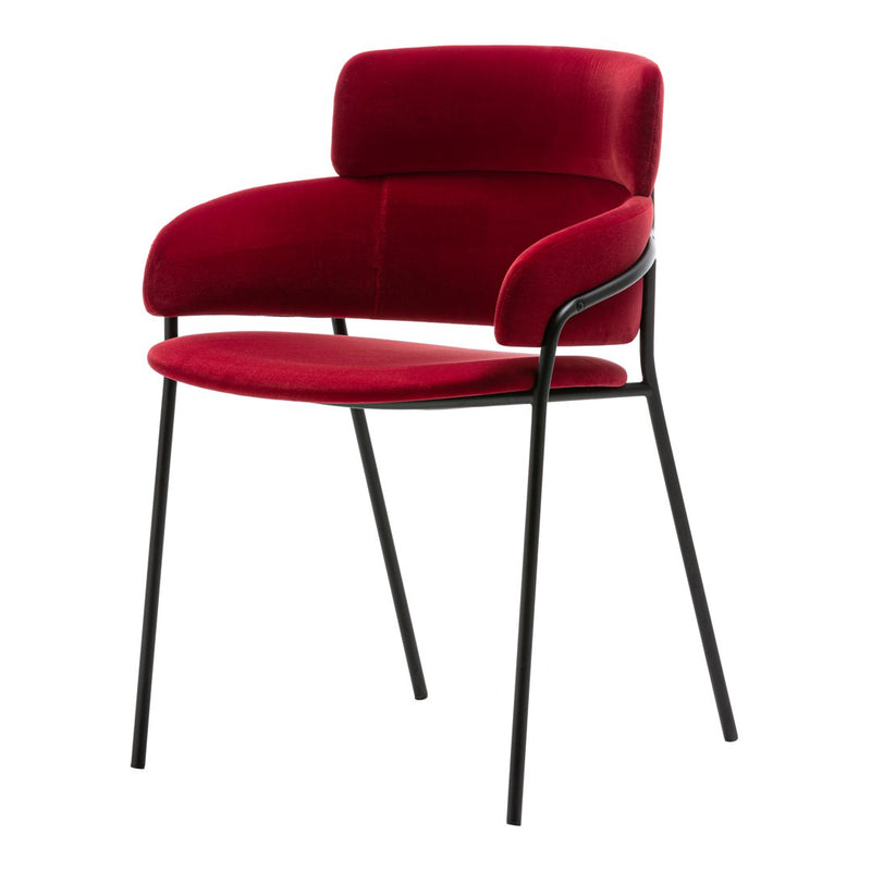 Velvety red chair with a modern design, featuring black metal legs and a sleek, minimalistic silhouette.