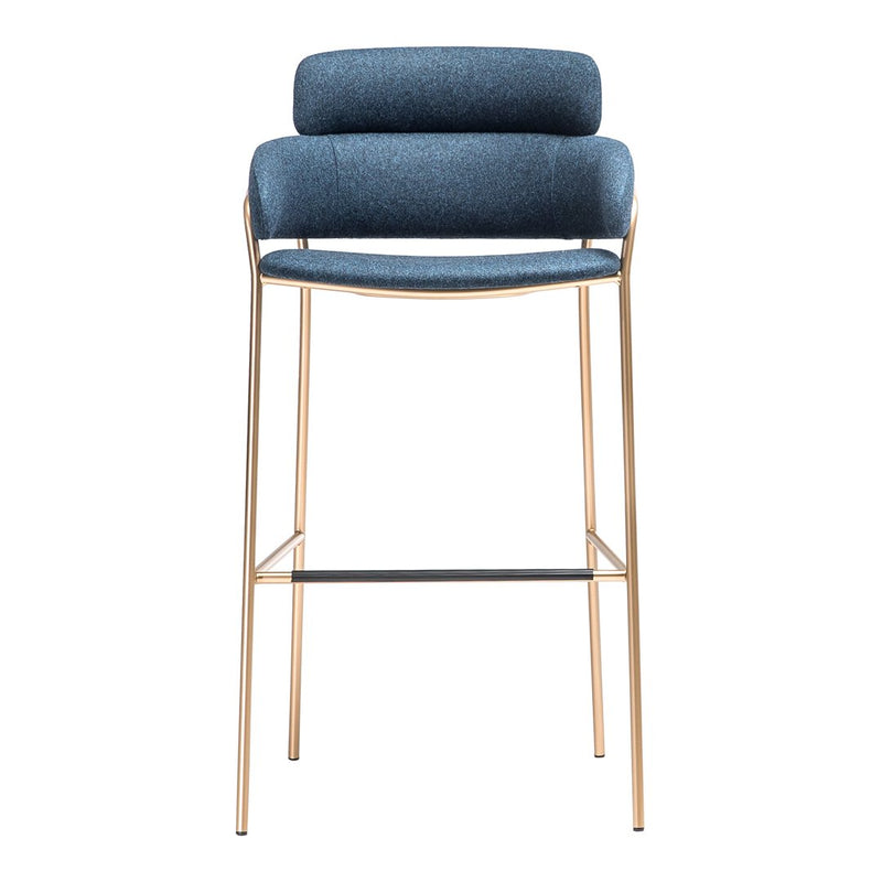 Stylish blue bar stool with a textured pattern and gold metallic legs, perfect for modern interiors.
