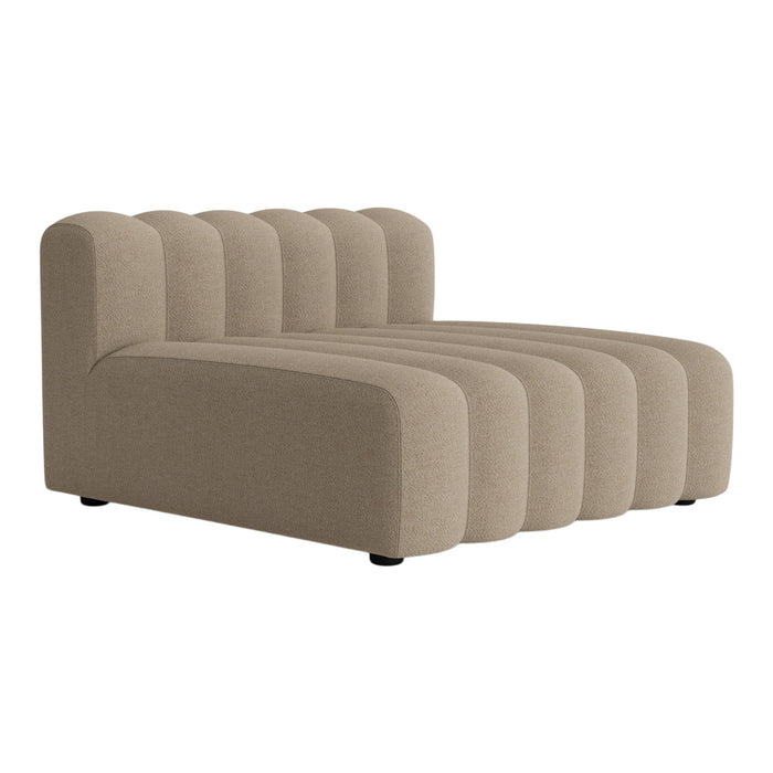 Beige modular sofa with a soft, textured finish and vertical ribbed pattern for a modern look.