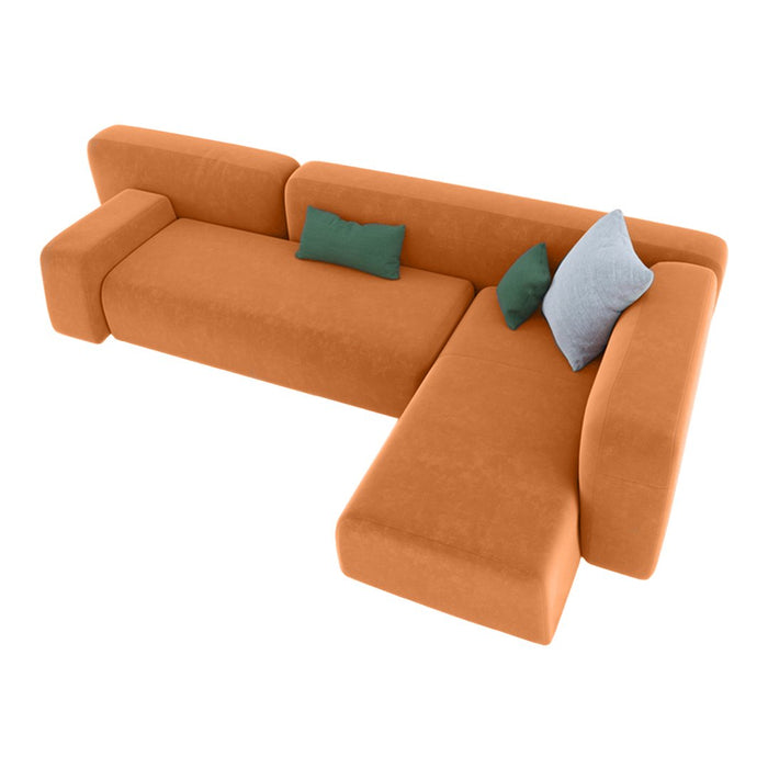 "Modern L-shaped sofa in vibrant orange with light blue and green accent pillows."