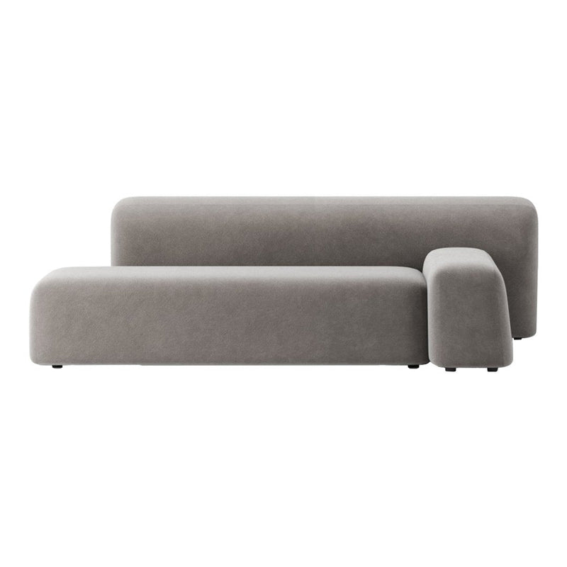 Modern gray sofa with a smooth, minimalist design and subtle curved edges, perfect for contemporary spaces.